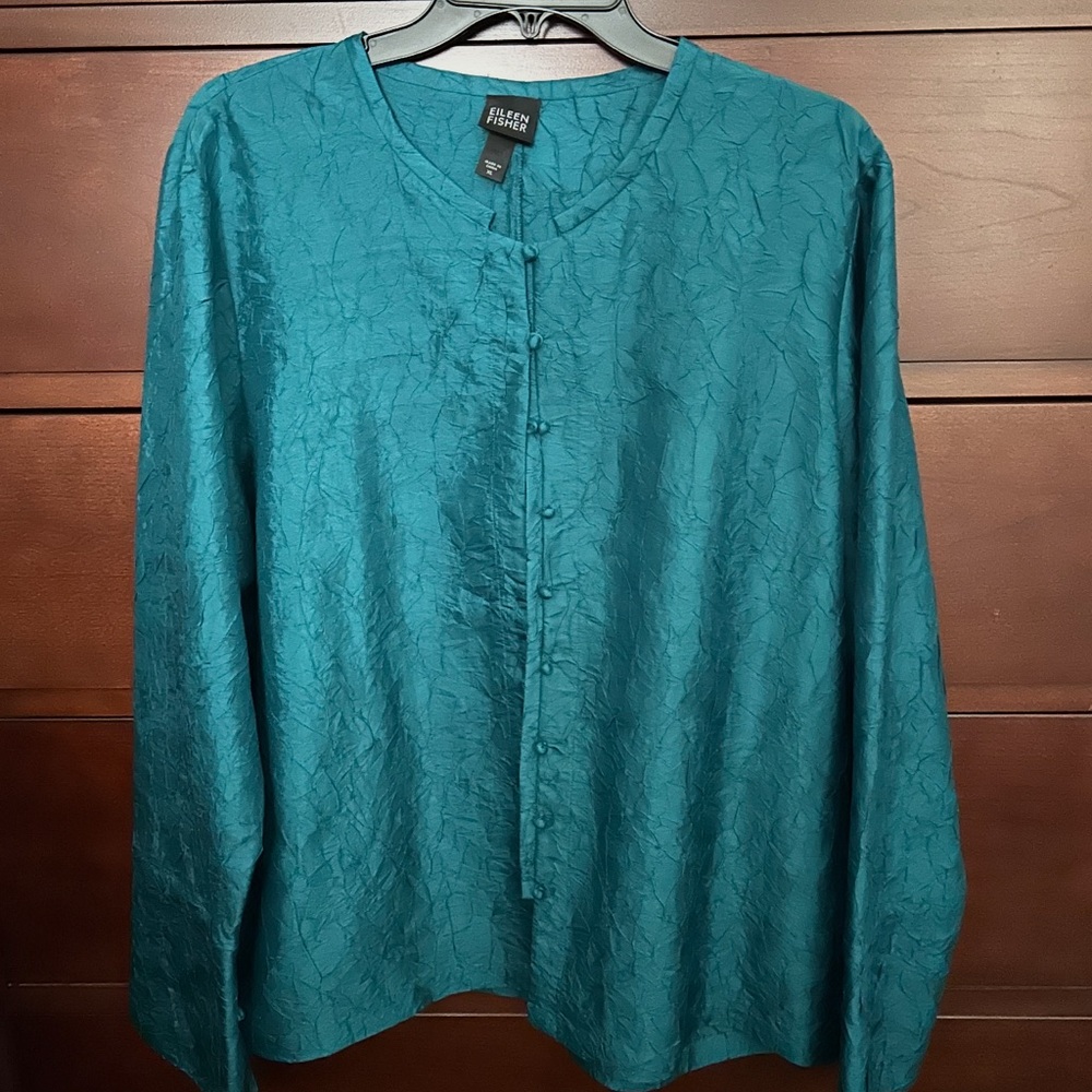 Eileen Fisher Teal Crinkle Blouse